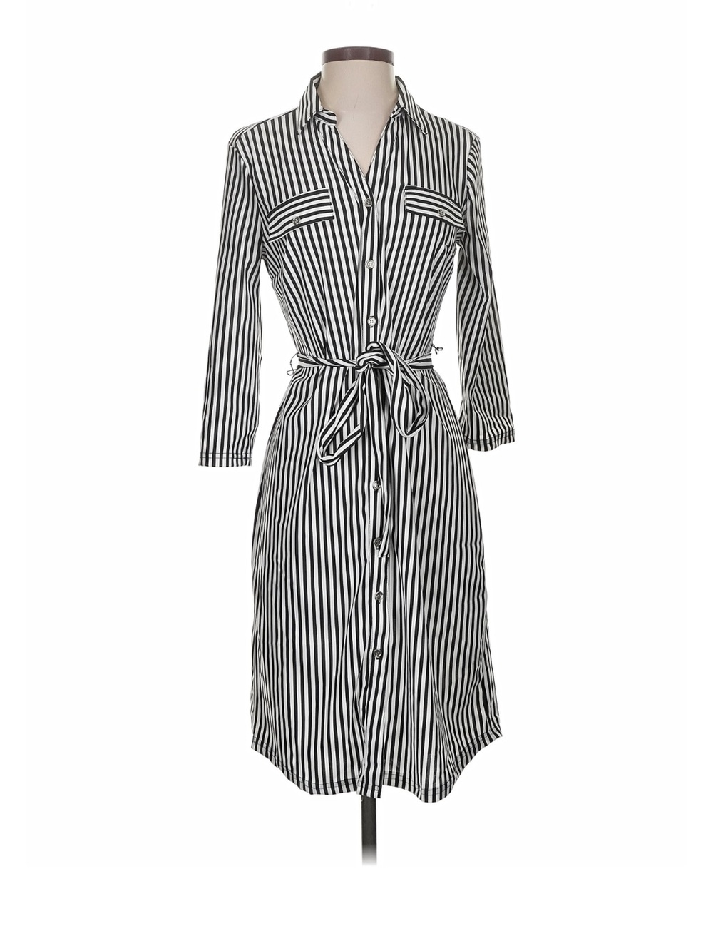 Mlle Gabriella Striped Button-Front Shirt Dress with Tie Waist - Black/White